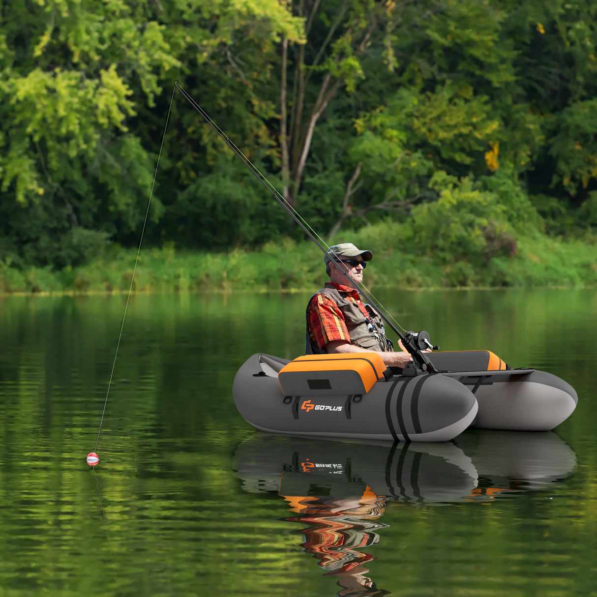 Inflatable Fishing Float Tube with Pump Storage Pockets and Fish Ruler-Beige