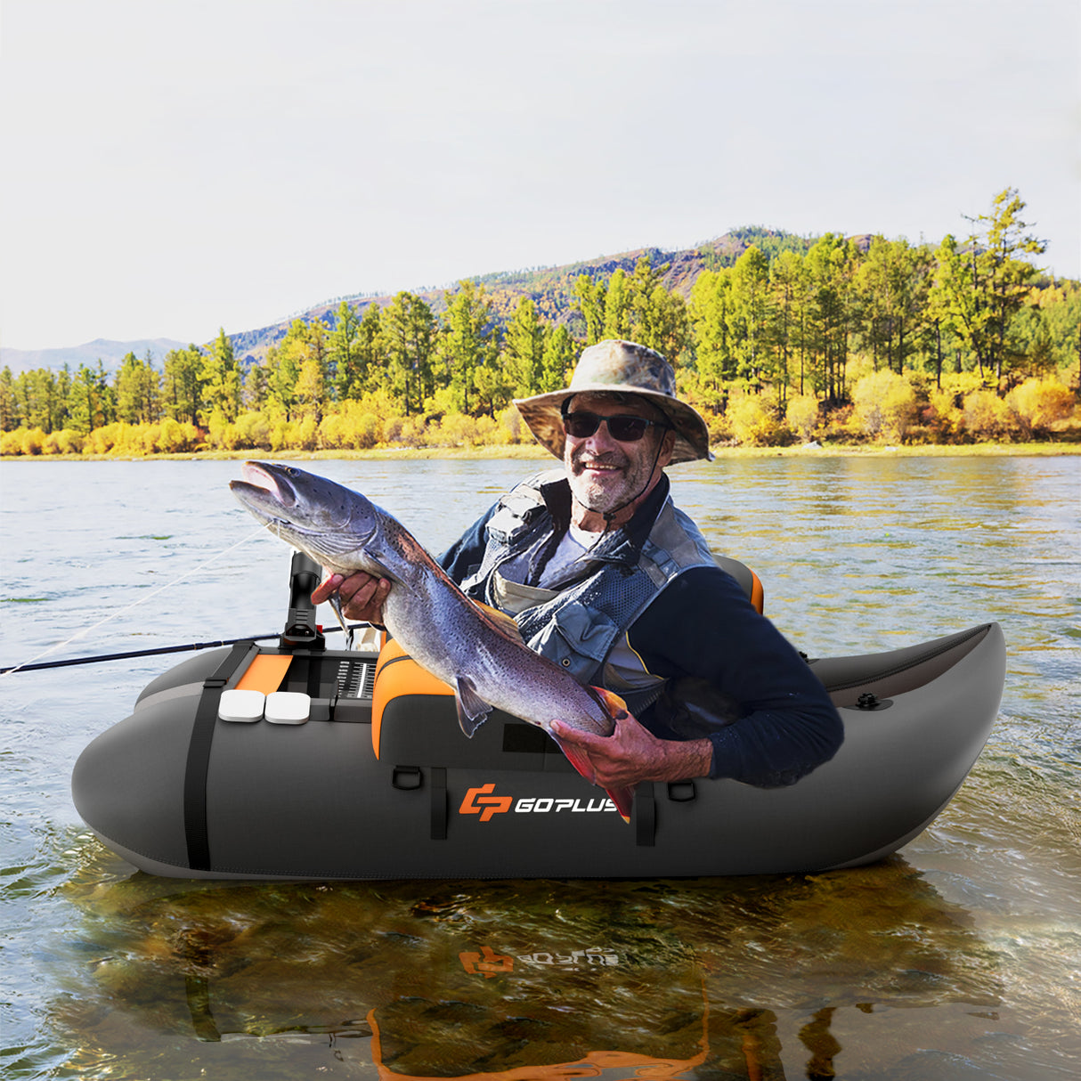 Inflatable Fishing Float Tube with Pump Storage Pockets and Fish Ruler-Beige