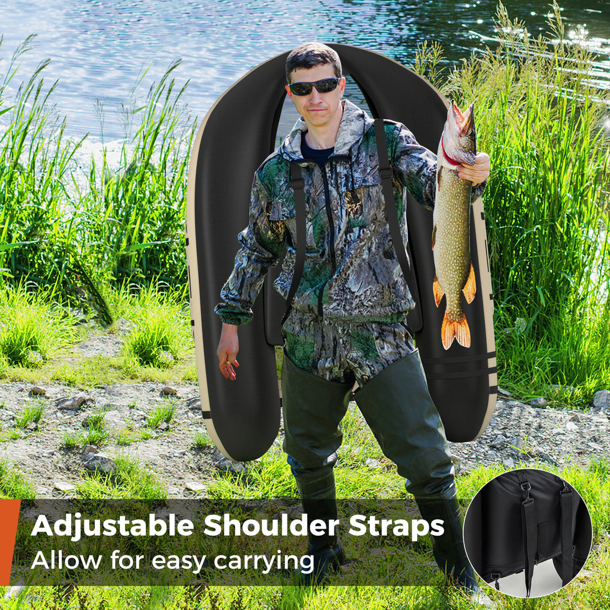 Inflatable Fishing Float Tube with Pump Storage Pockets and Fish Ruler-Beige