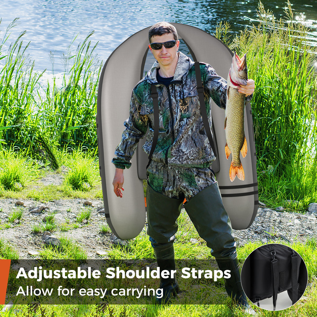 Inflatable Fishing Float Tube with Pump Storage Pockets and Fish Ruler-Beige