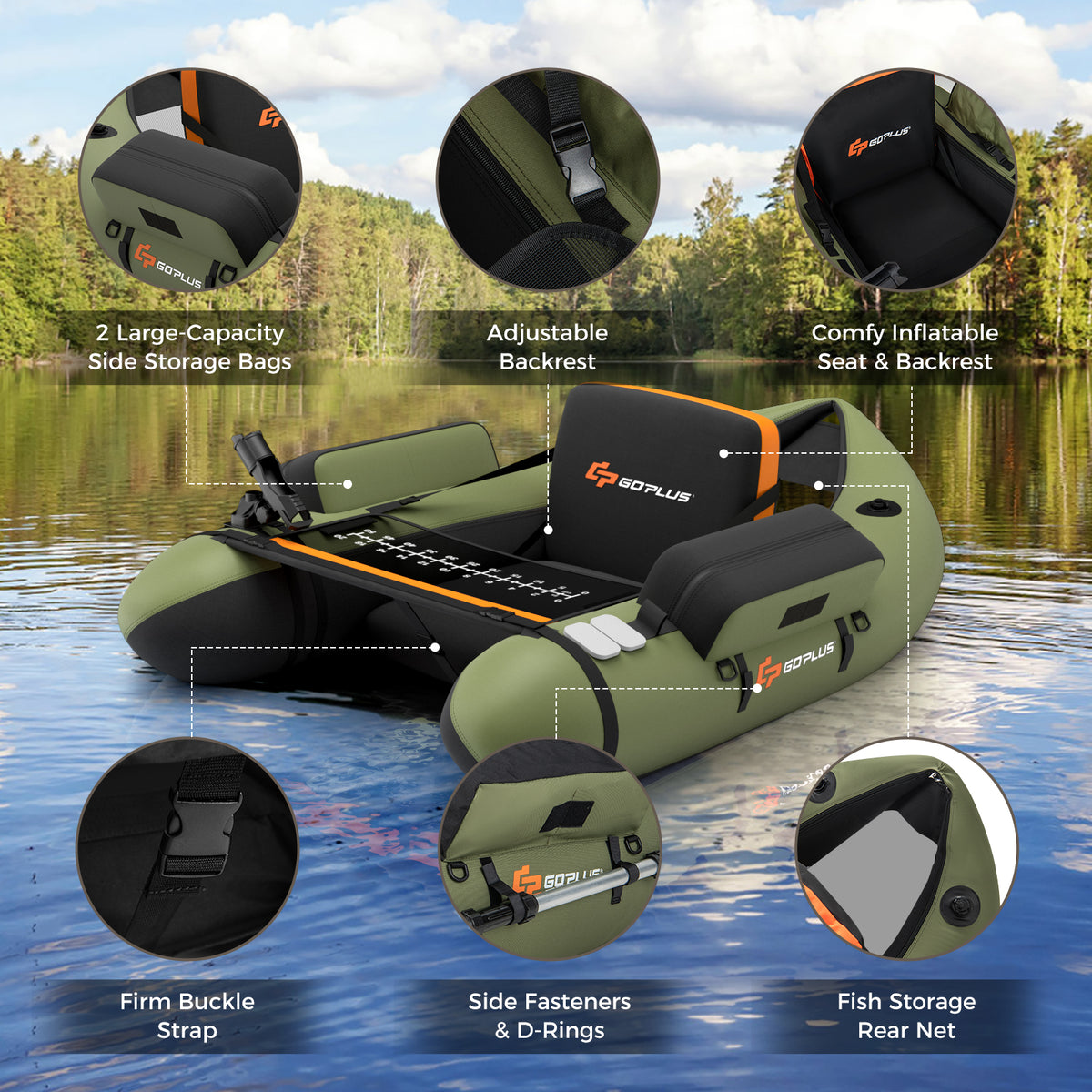 Inflatable Fishing Float Tube with Pump Storage Pockets and Fish Ruler-Green