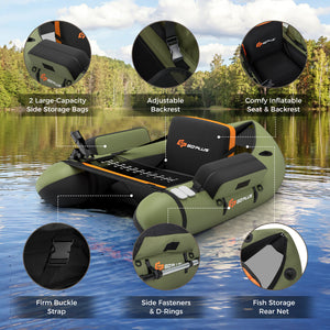 Inflatable Fishing Float Tube with Pump Storage Pockets and Fish Ruler-Green