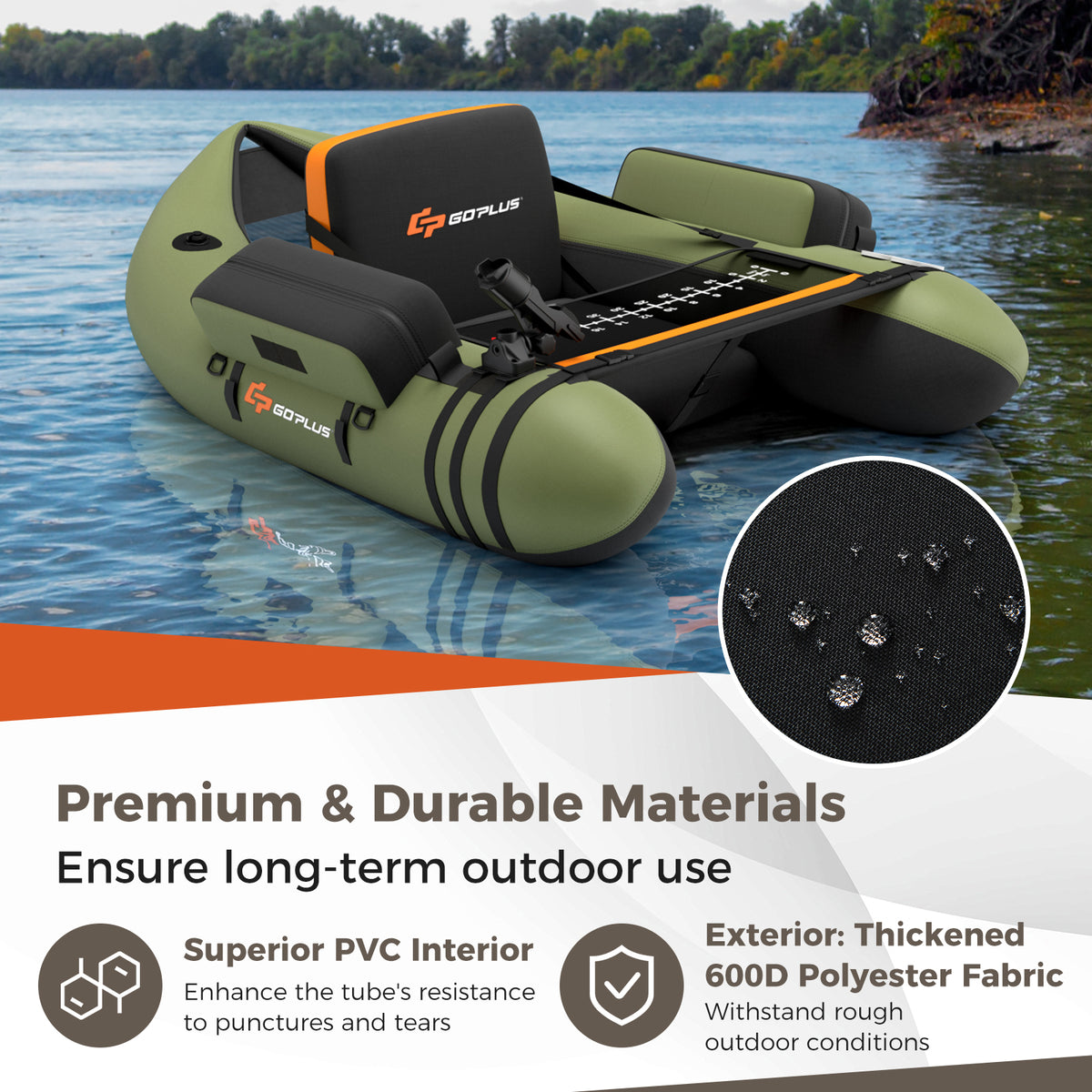 Inflatable Fishing Float Tube with Pump Storage Pockets and Fish Ruler-Green