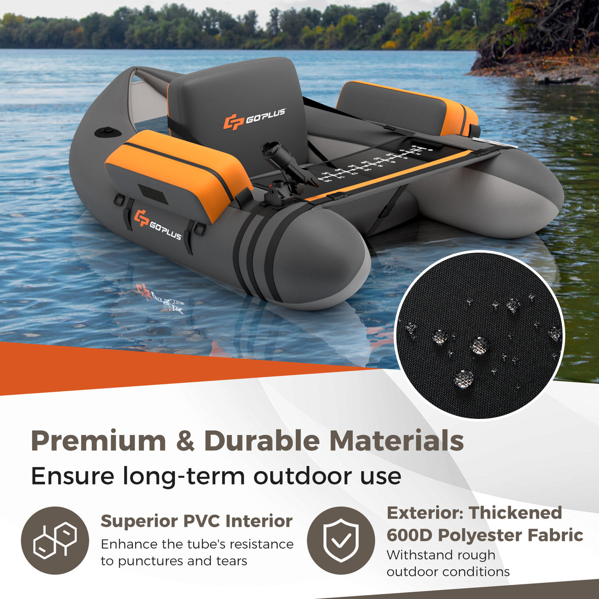 Inflatable Fishing Float Tube with Pump Storage Pockets and Fish Ruler-Beige