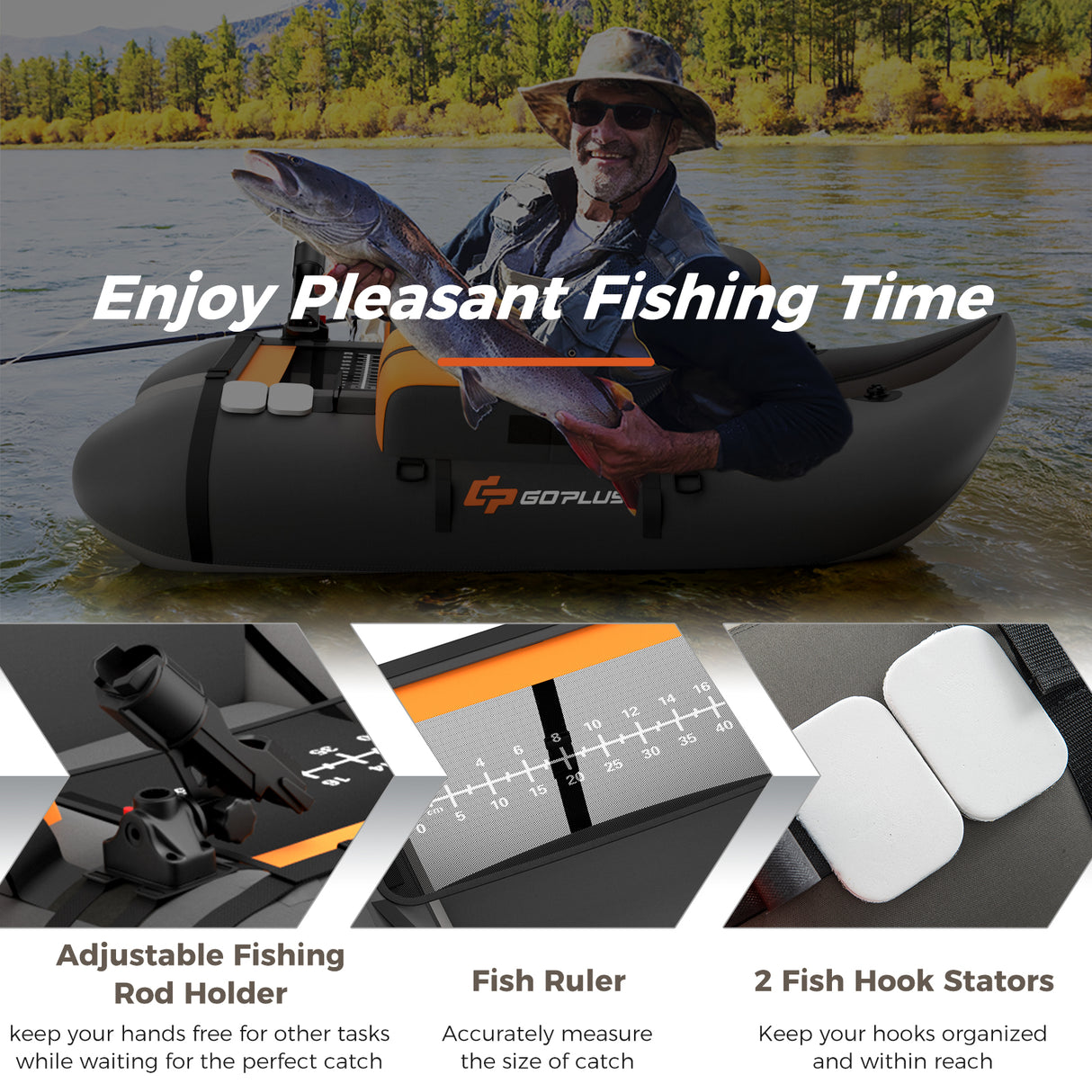 Inflatable Fishing Float Tube with Pump Storage Pockets and Fish Ruler-Gray