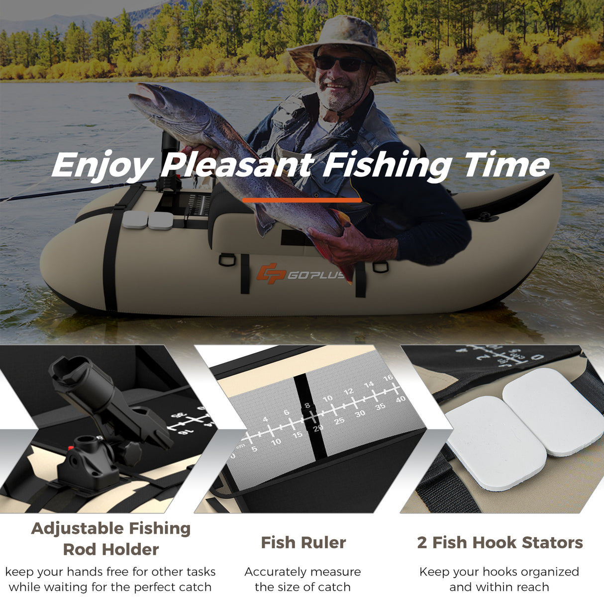 Inflatable Fishing Float Tube with Pump Storage Pockets and Fish Ruler-Beige