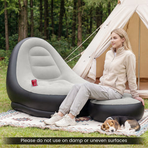 Inflatable Lounge Sofa with Ottoman Portable Air Sofa for Adults with Flocked Surface-Grey