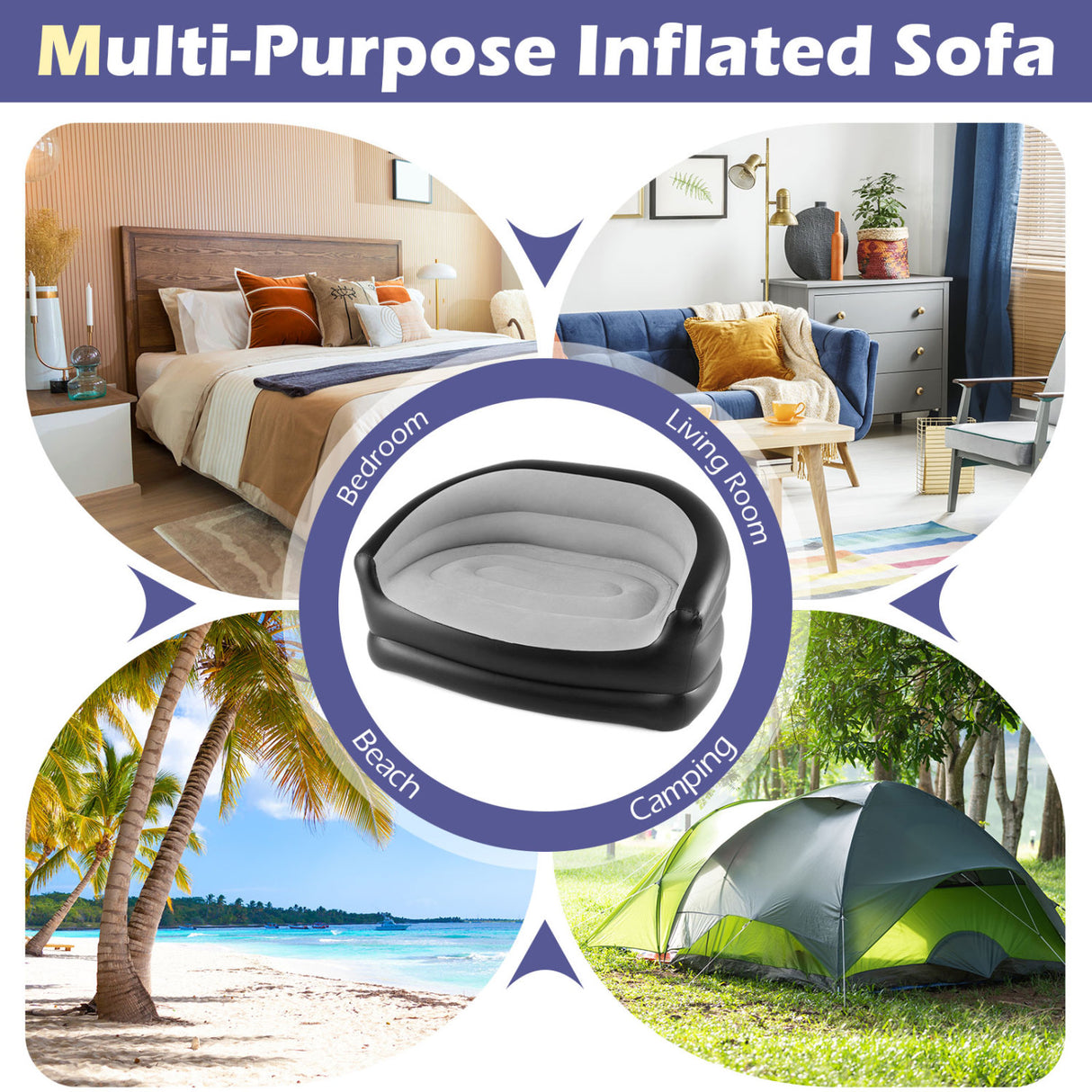Inflatable Loveseat Couch Portable and Foldable 2-Seater Air Sofa for Adults with Flocked Surface-Grey