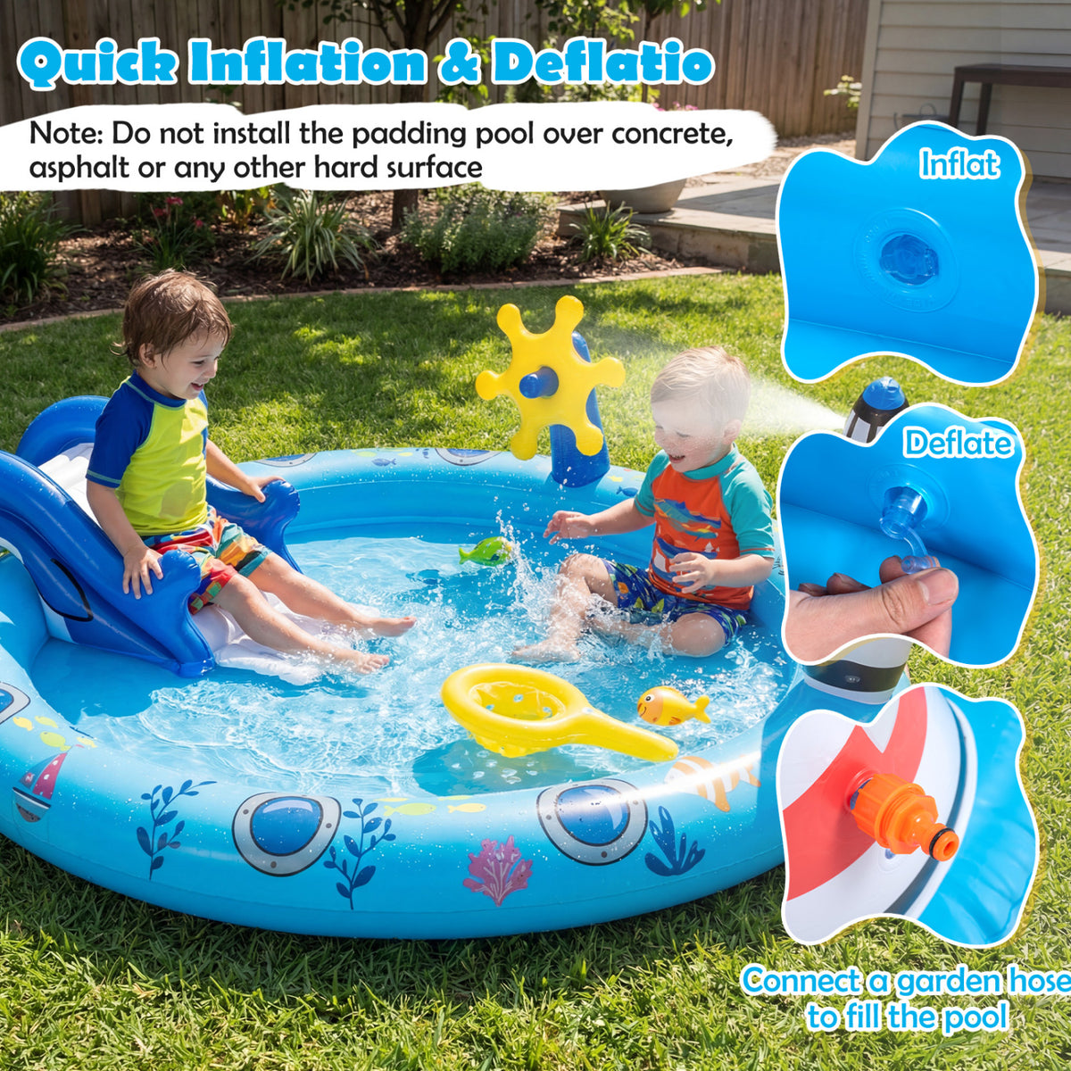 Inflatable Play Center Marine Life Spray Pool with Shark-shaped Slide Lighthouse Sprinkle
