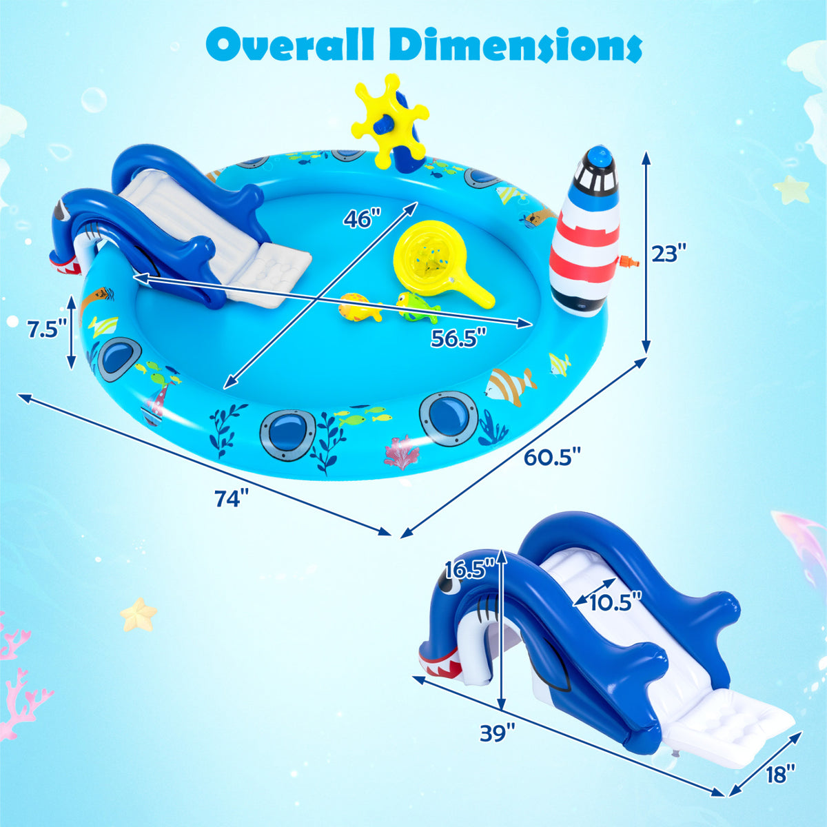 Inflatable Play Center Marine Life Spray Pool with Shark-shaped Slide Lighthouse Sprinkle