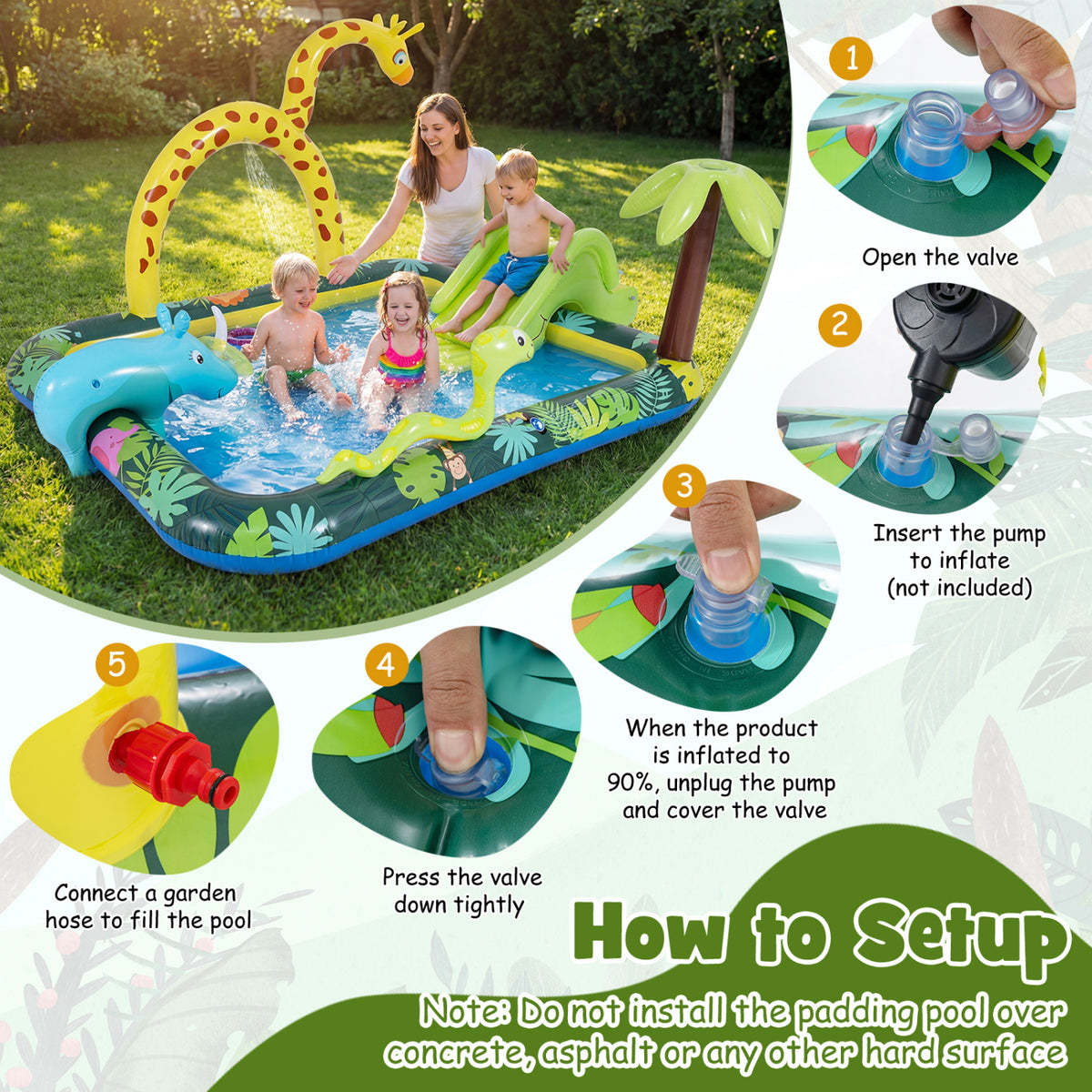 Inflatable Play Center Jungle Animal Spray Pool with Slide Giraffe-shaped Sprinkle