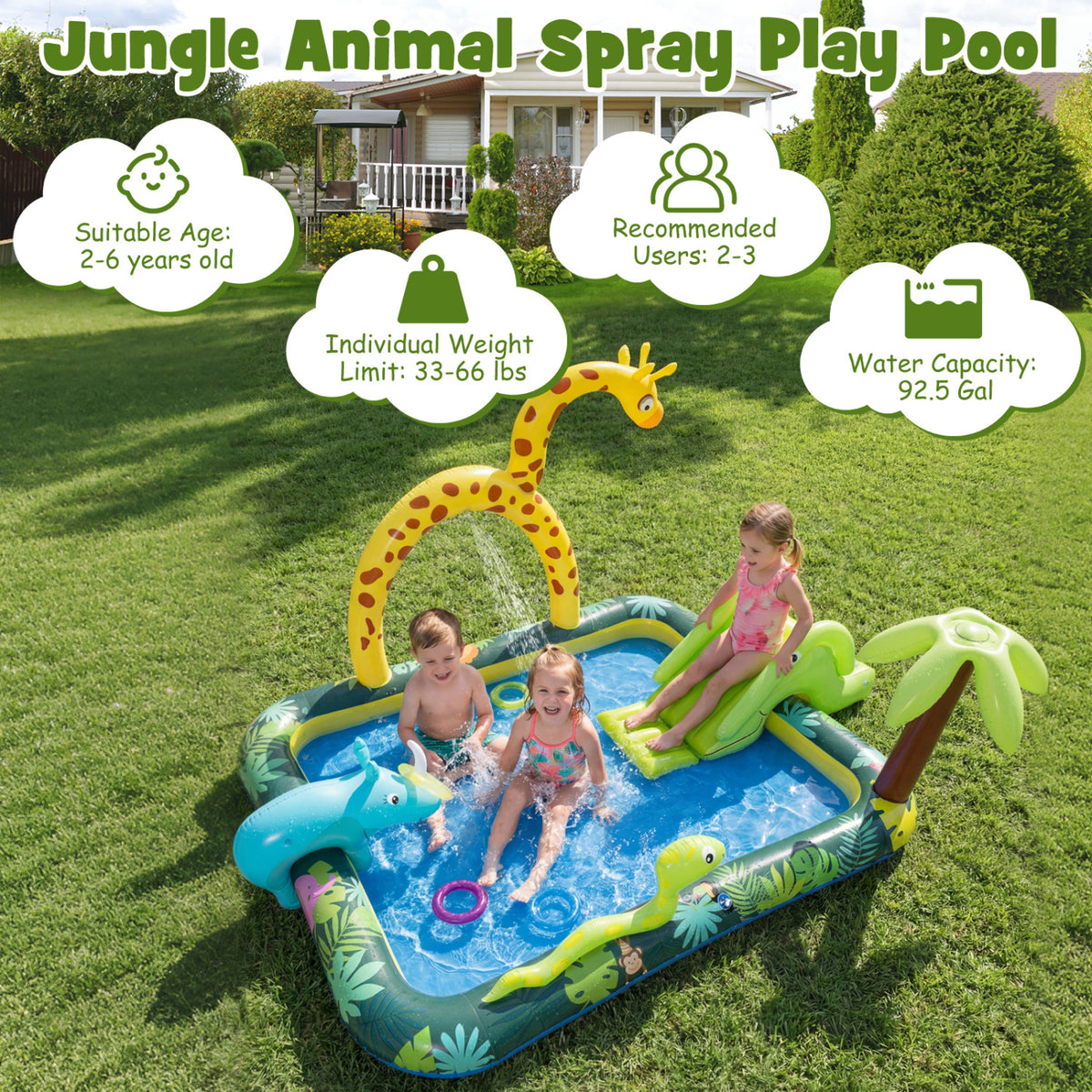Inflatable Play Center Jungle Animal Spray Pool with Slide Giraffe-shaped Sprinkle