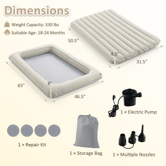 Inflatable Toddler Travel Bed with Electric Pump and Raised Bed Rails-Gray