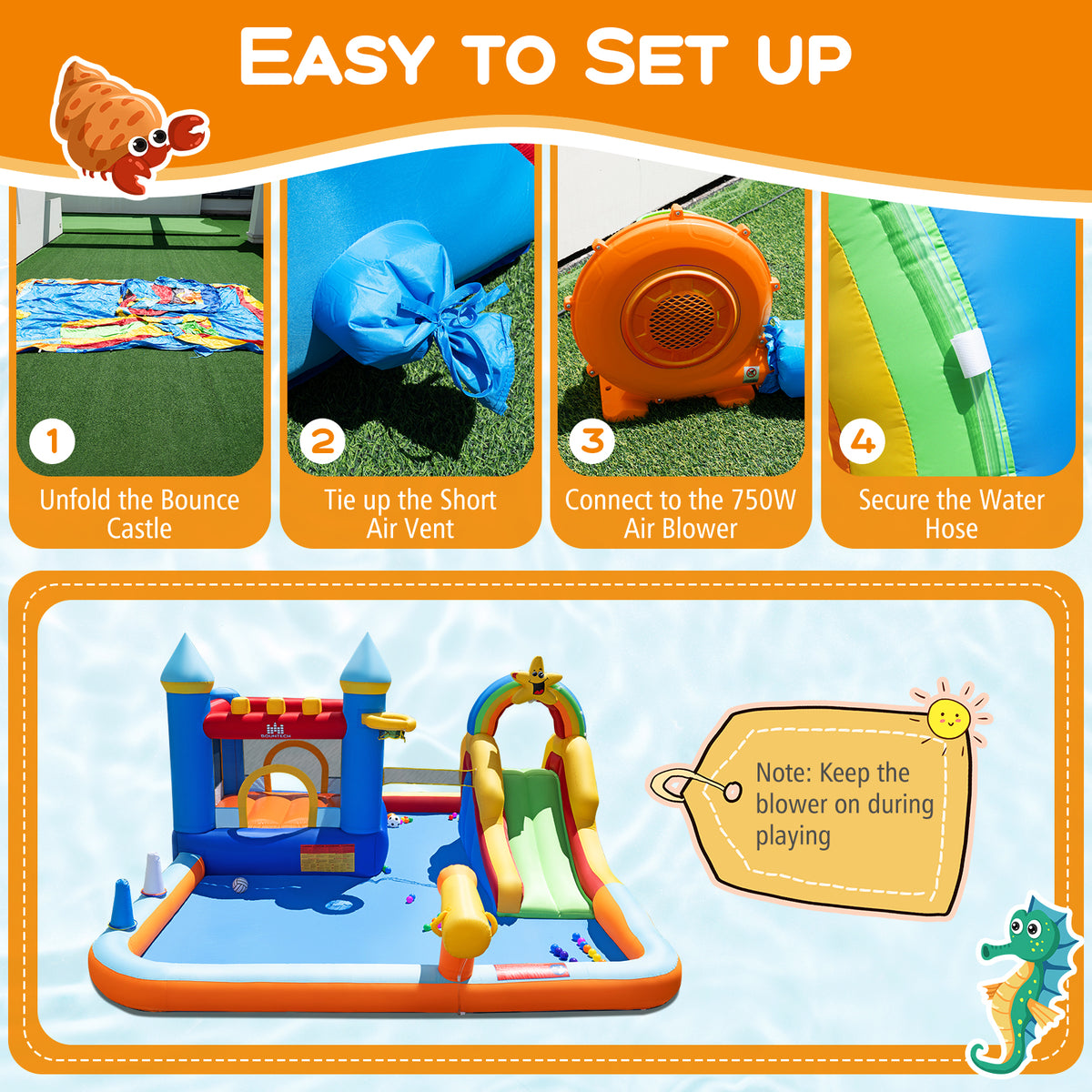 Inflatable Water Slide Park Bouncy Castle with Climbing Wall with 750W Blower