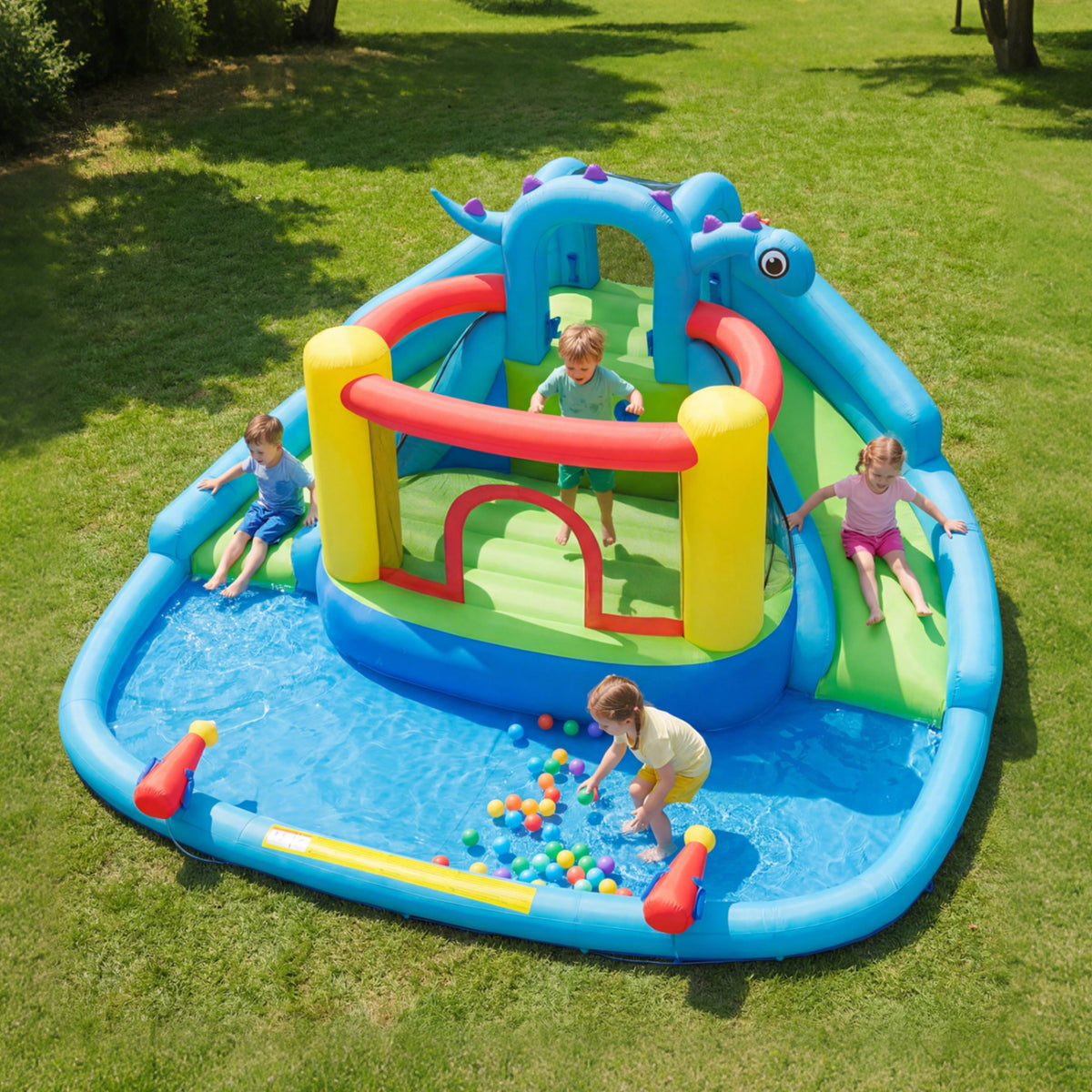 Dinosaur-themed Kids Inflatable Bounce House with Double Slides and 750W Blower