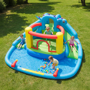 Dinosaur-themed Kids Inflatable Bounce House with Double Slides and 750W Blower