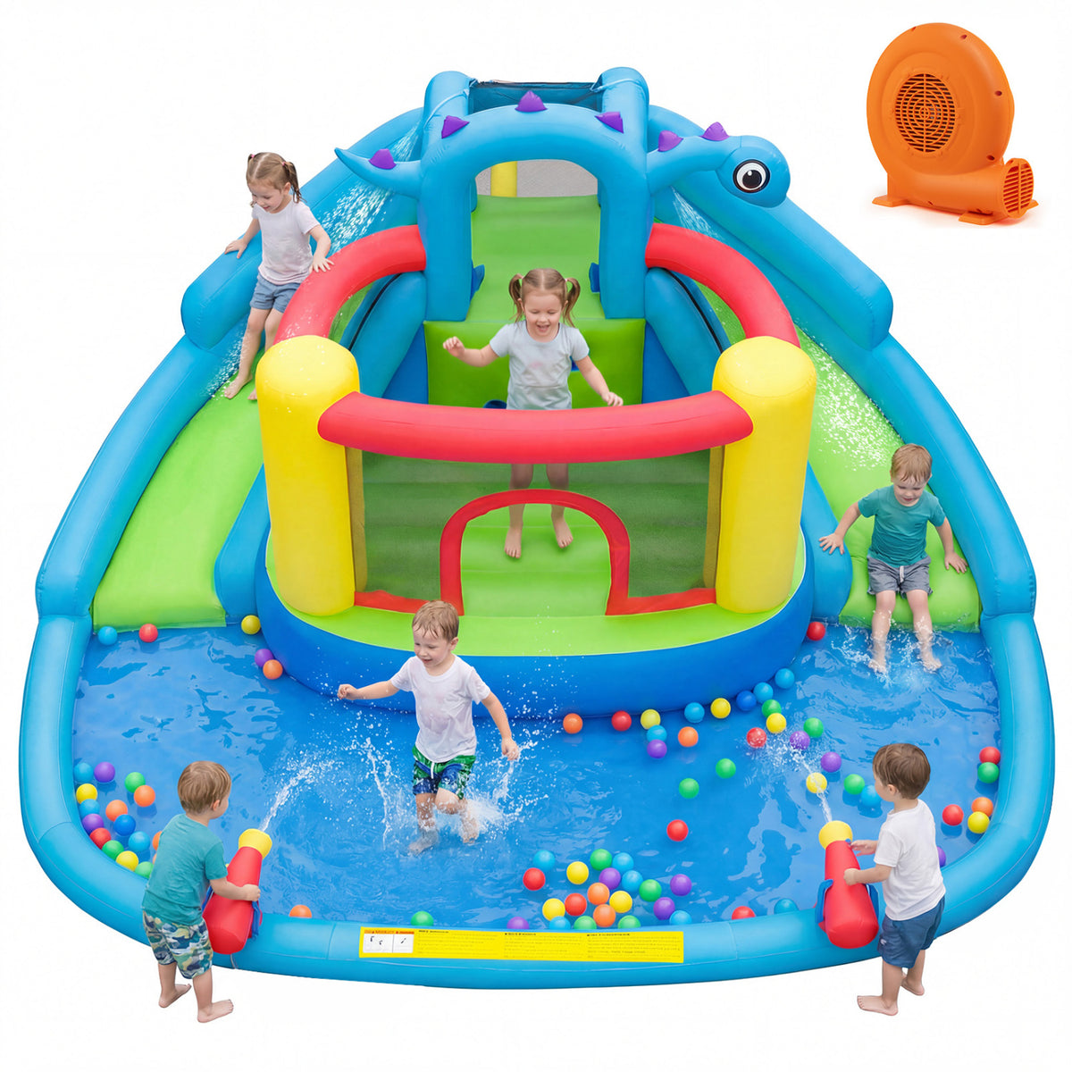 Dinosaur-themed Kids Inflatable Bounce House with Double Slides and 750W Blower