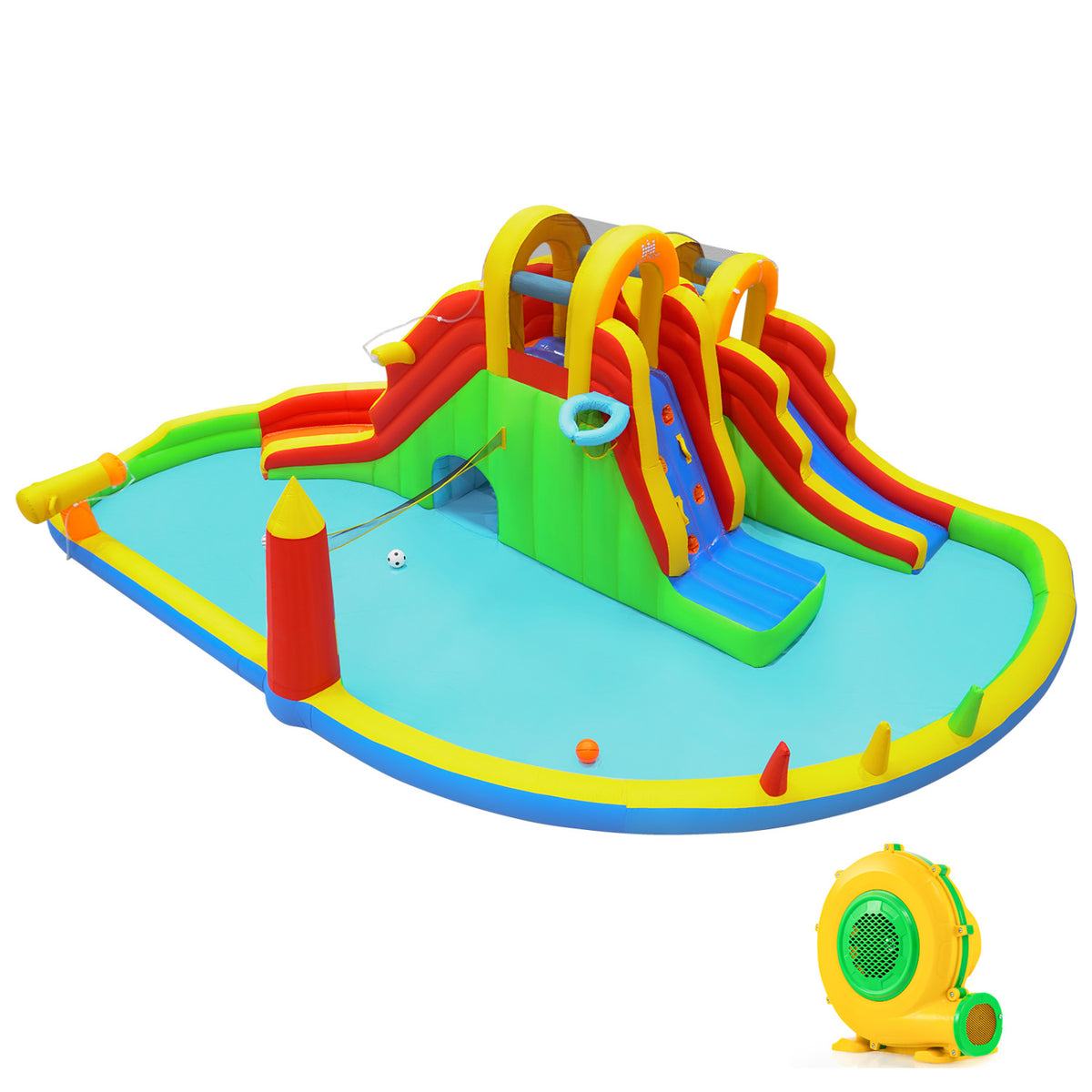 Inflatable Water Slide Park with 2 Long Slides and 750W Air Blower