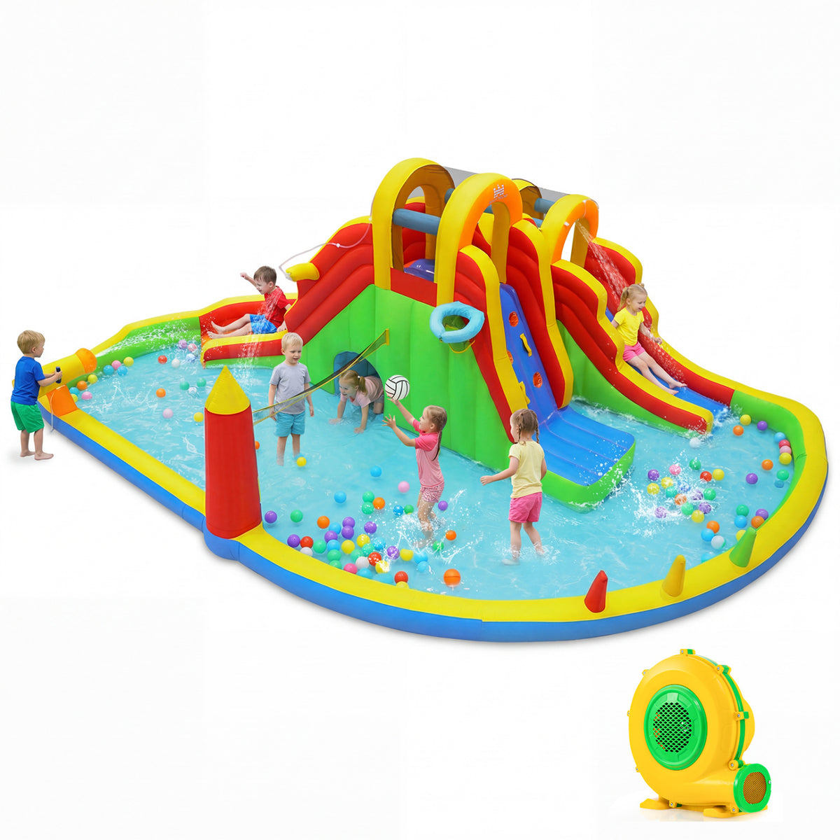 Inflatable Water Slide Park with 2 Long Slides and 750W Air Blower