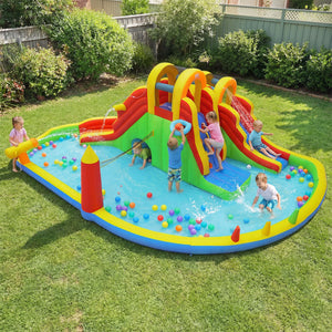 Inflatable Water Slide Park with 2 Long Slides and 750W Air Blower
