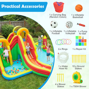 Inflatable Water Slide Park with 2 Long Slides and 750W Air Blower