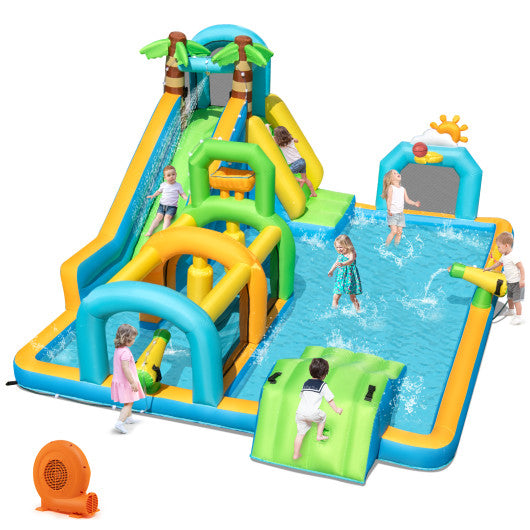 Inflatable Water Slide Tropical Theme Dual Slide Aqua Park with 750W Blower
