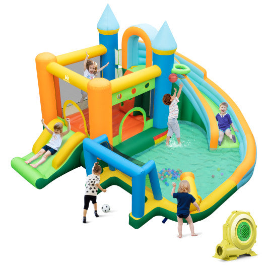 Inflatable Water Slide with Dual Slides and Splash Pool Bounce House with 735W Blower