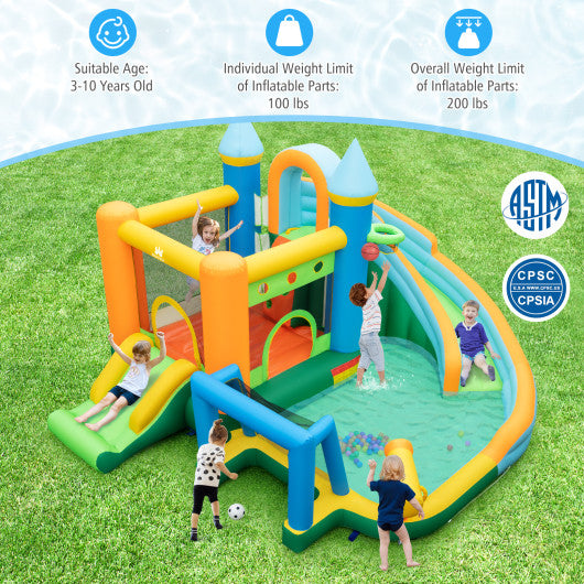 Inflatable Water Slide with Dual Slides and Splash Pool Bounce House with 735W Blower