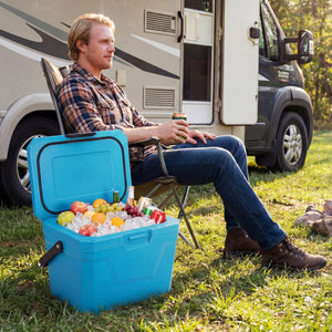 Insulated Portable Cooler Hard Shell Ice Chest with 2 Cup Holders-Blue