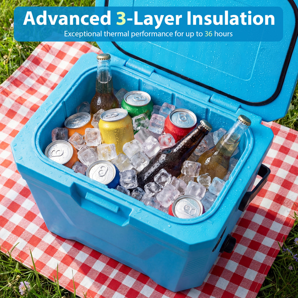 Insulated Portable Cooler Hard Shell Ice Chest with 2 Cup Holders-Blue