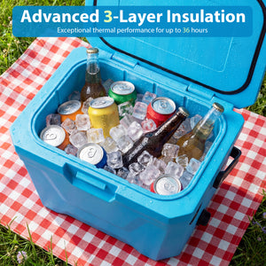 Insulated Portable Cooler Hard Shell Ice Chest with 2 Cup Holders-Blue