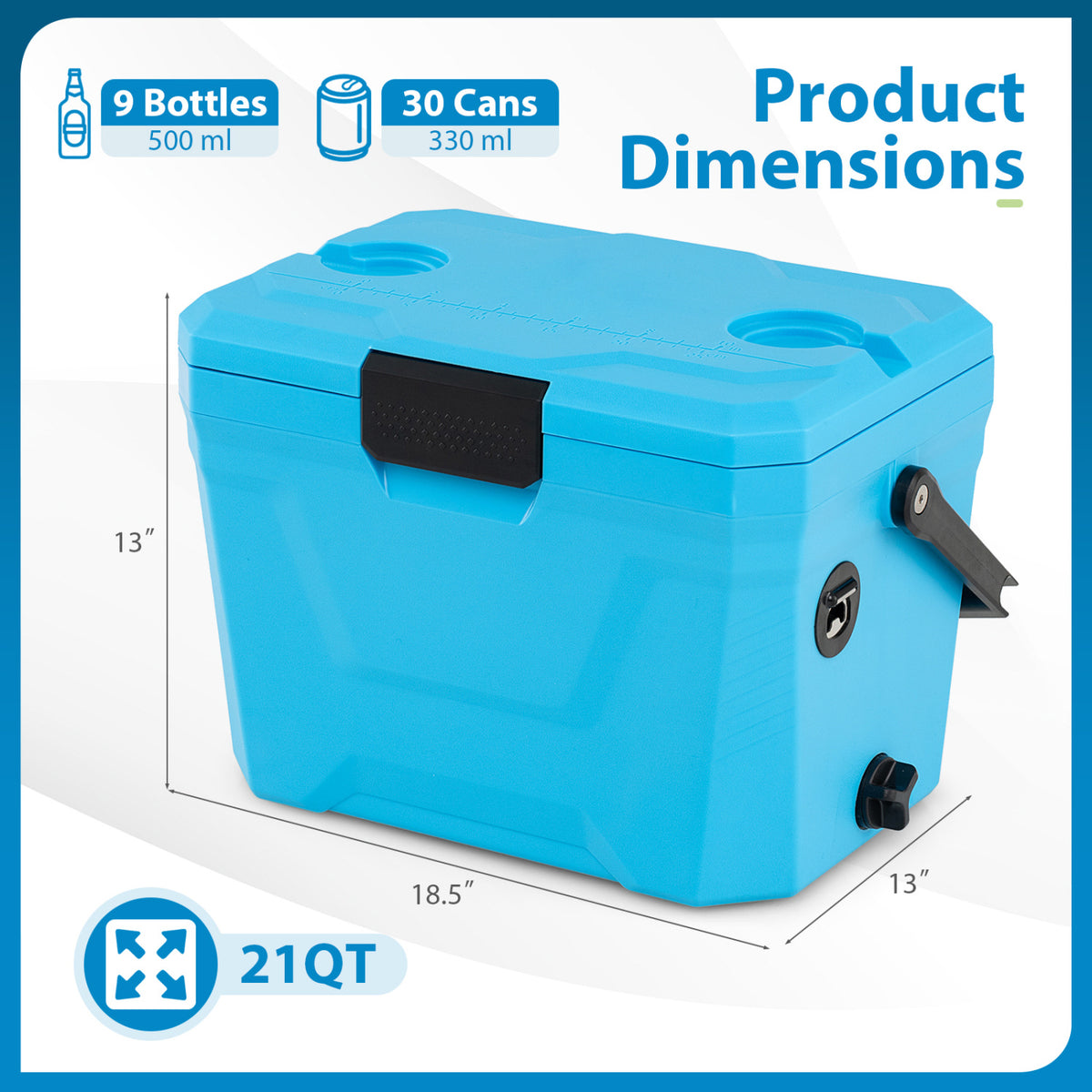 Insulated Portable Cooler Hard Shell Ice Chest with 2 Cup Holders-Blue