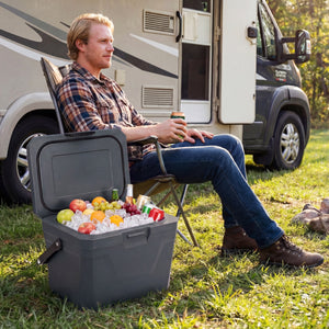 Insulated Portable Cooler Hard Shell Ice Chest with 2 Cup Holders-Gray