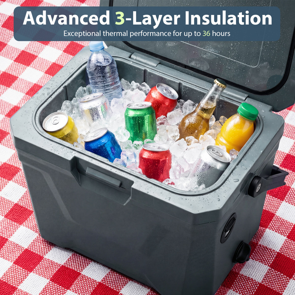 Insulated Portable Cooler Hard Shell Ice Chest with 2 Cup Holders-Gray