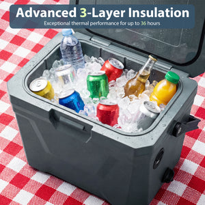 Insulated Portable Cooler Hard Shell Ice Chest with 2 Cup Holders-Gray