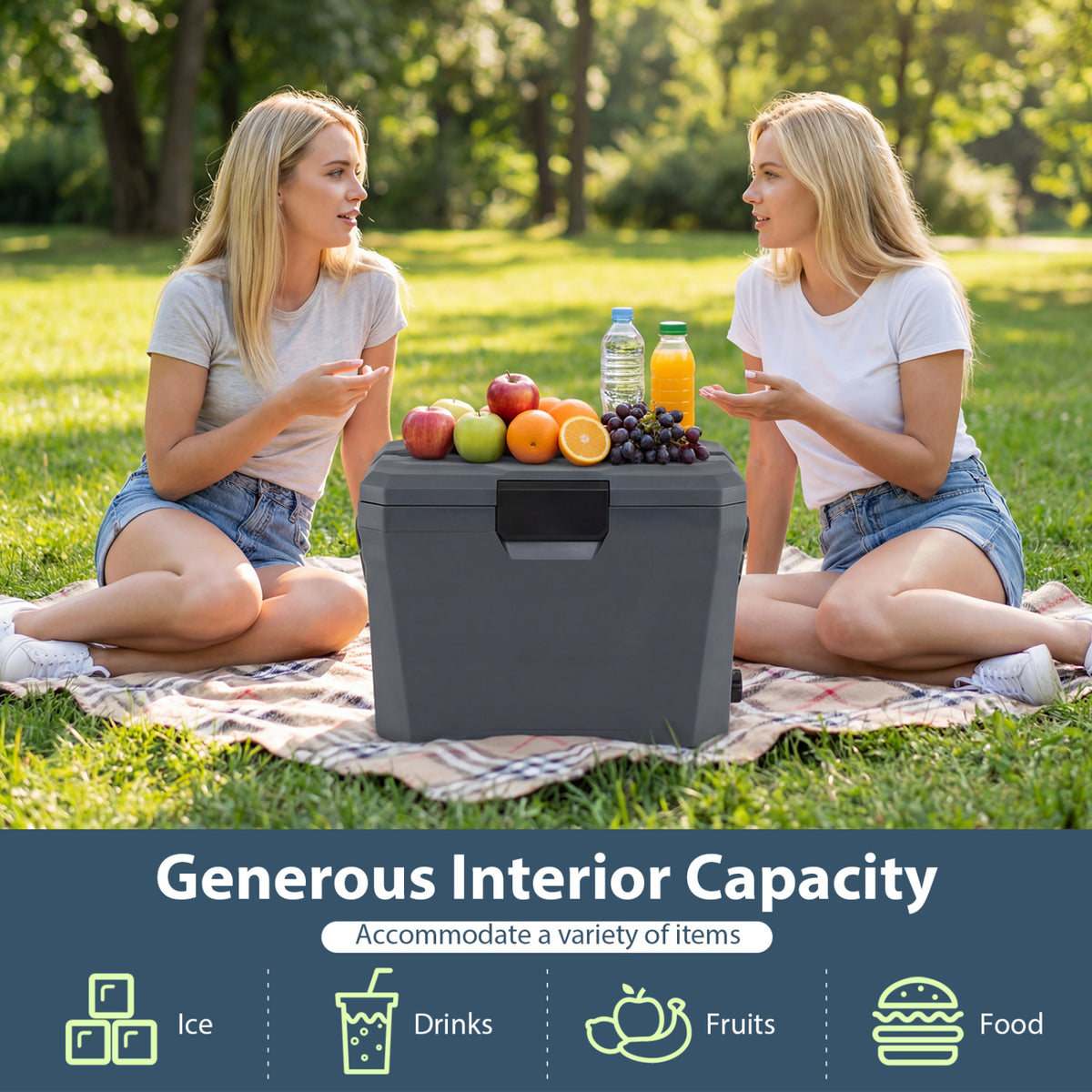 Insulated Portable Cooler Hard Shell Ice Chest with 2 Cup Holders-Gray