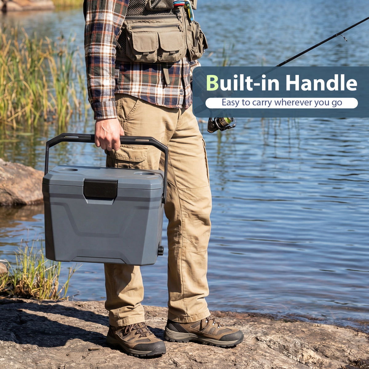 Insulated Portable Cooler Hard Shell Ice Chest with 2 Cup Holders-Gray