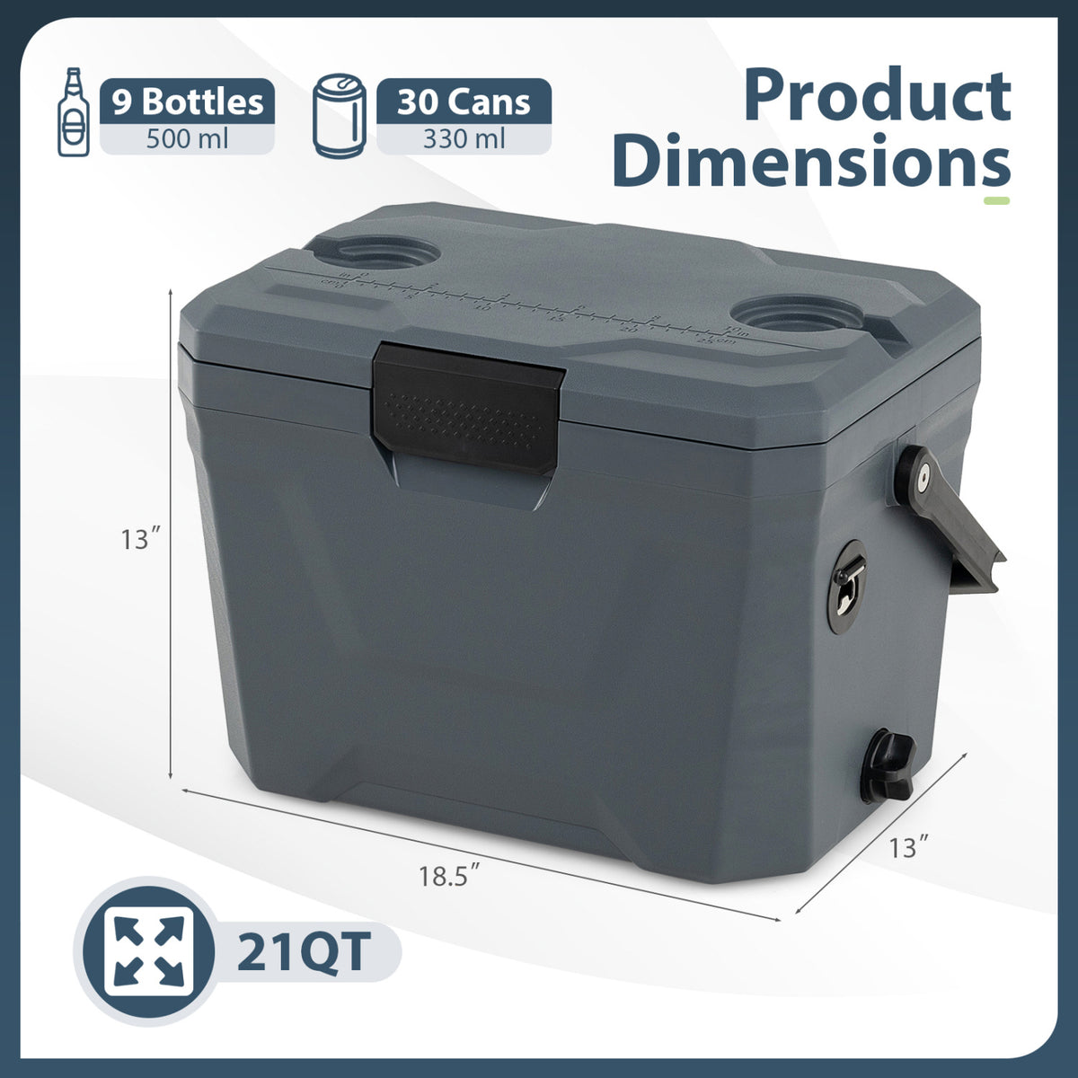 Insulated Portable Cooler Hard Shell Ice Chest with 2 Cup Holders-Gray