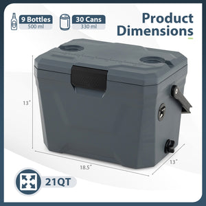 Insulated Portable Cooler Hard Shell Ice Chest with 2 Cup Holders-Gray