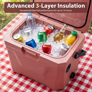 Insulated Portable Cooler Hard Shell Ice Chest with 2 Cup Holders-Pink