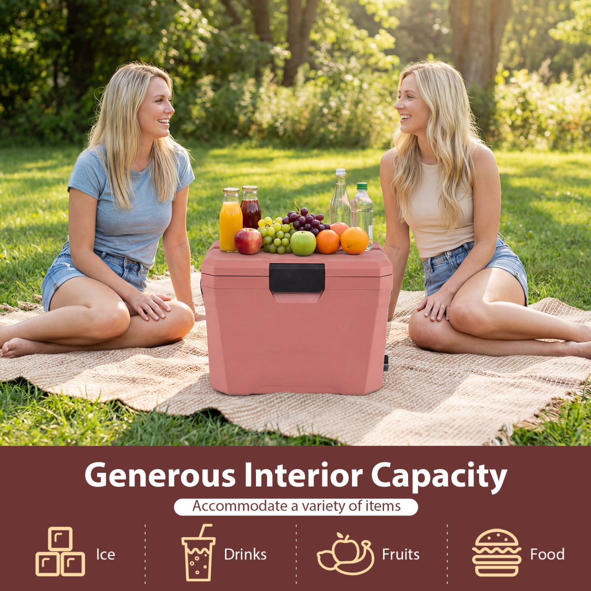 Insulated Portable Cooler Hard Shell Ice Chest with 2 Cup Holders-Pink
