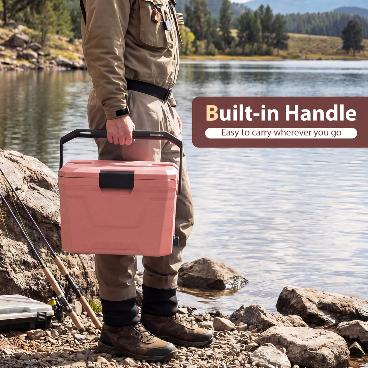 Insulated Portable Cooler Hard Shell Ice Chest with 2 Cup Holders-Pink