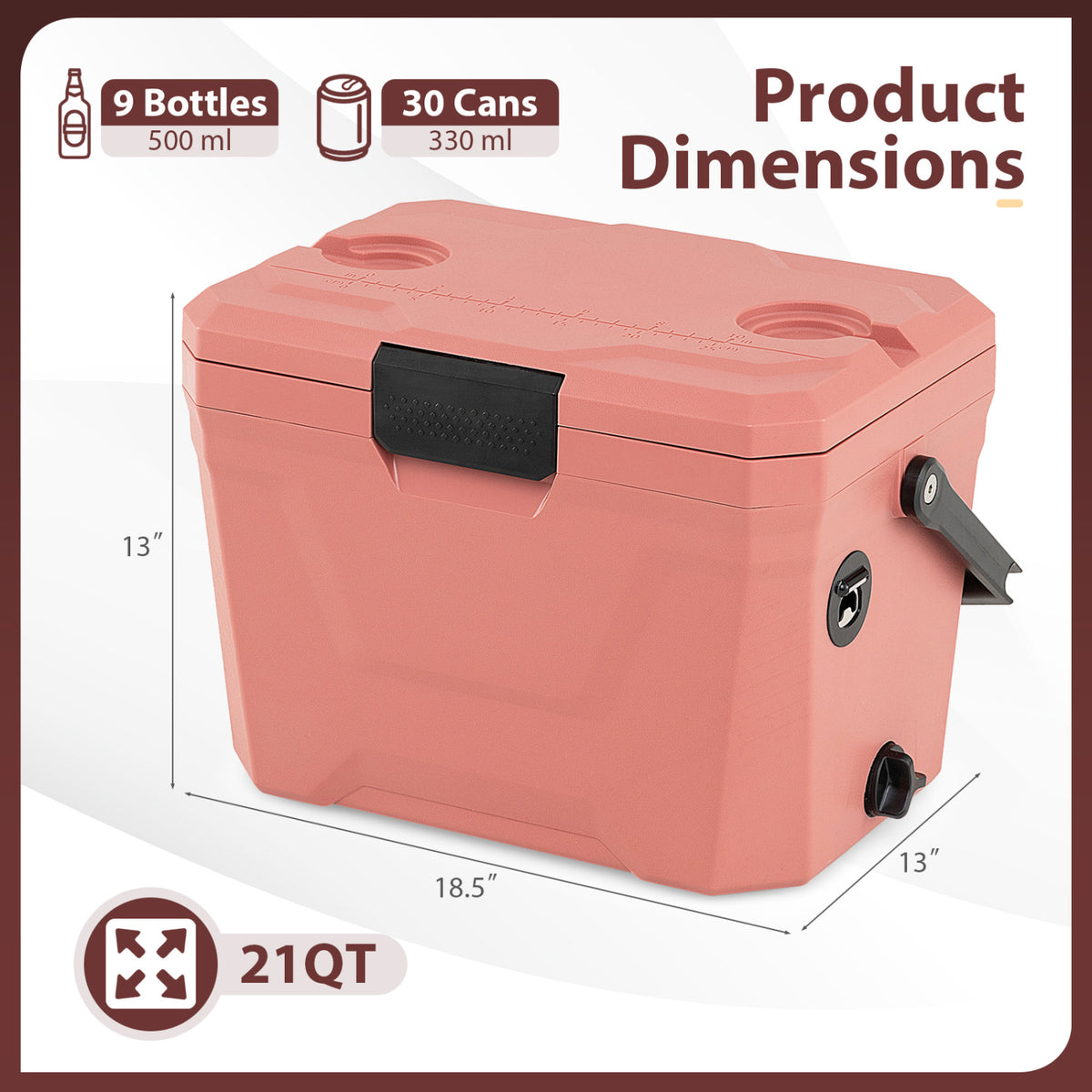Insulated Portable Cooler Hard Shell Ice Chest with 2 Cup Holders-Pink