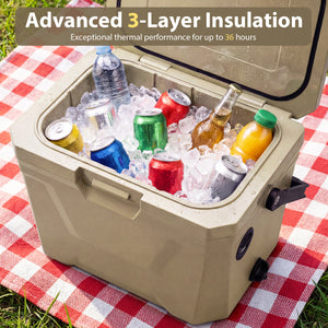 Insulated Portable Cooler Hard Shell Ice Chest with 2 Cup Holders-Sand Color
