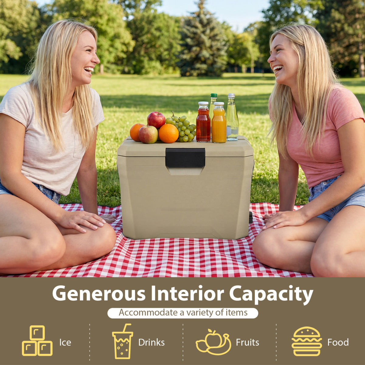 Insulated Portable Cooler Hard Shell Ice Chest with 2 Cup Holders-Sand Color