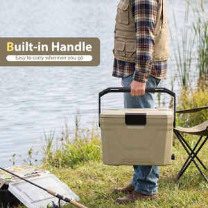 Insulated Portable Cooler Hard Shell Ice Chest with 2 Cup Holders-Sand Color