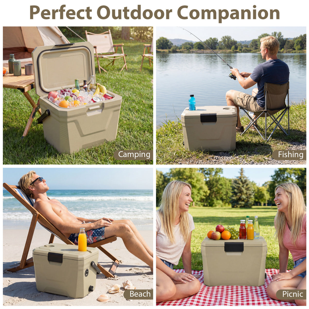 Insulated Portable Cooler Hard Shell Ice Chest with 2 Cup Holders-Sand Color