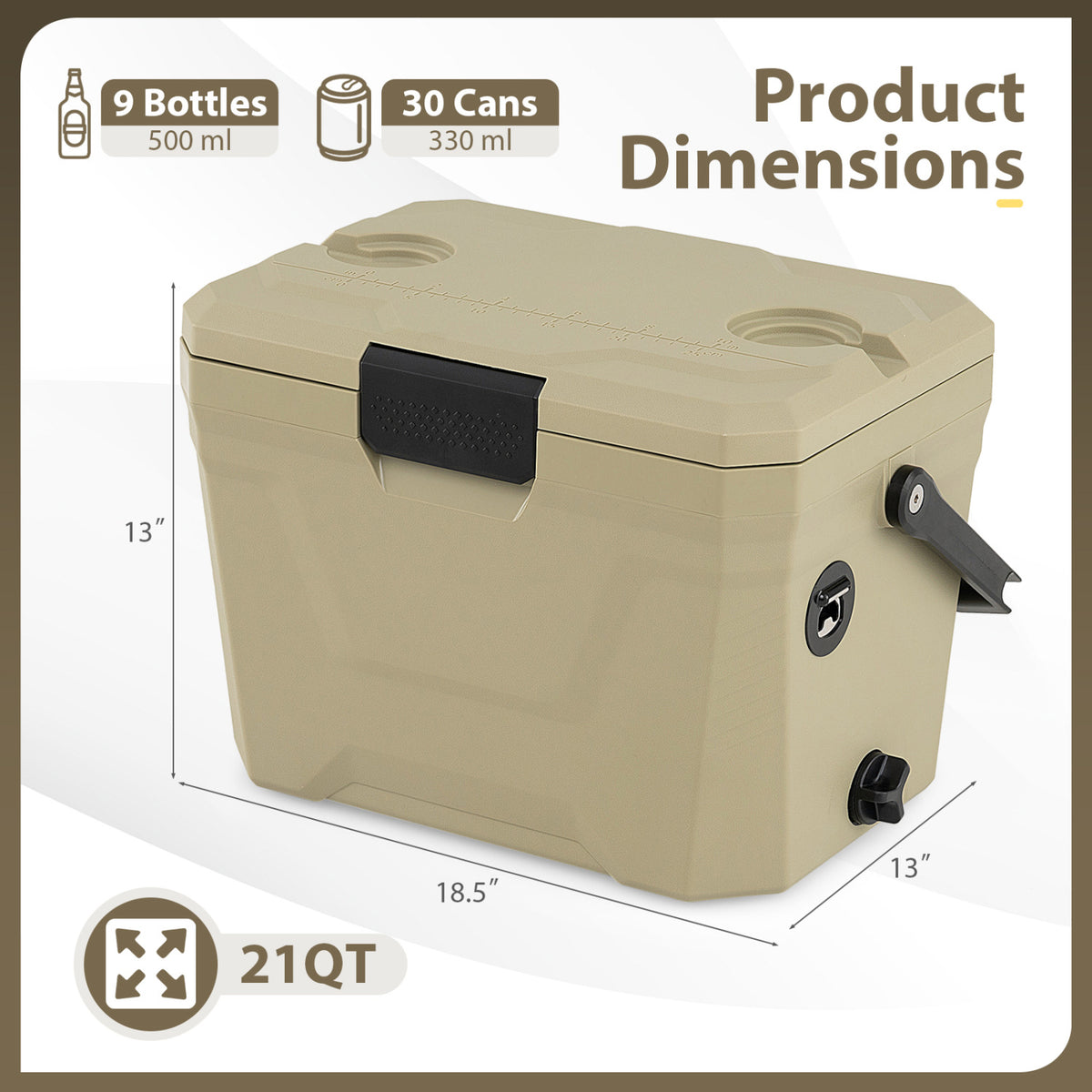 Insulated Portable Cooler Hard Shell Ice Chest with 2 Cup Holders-Sand Color