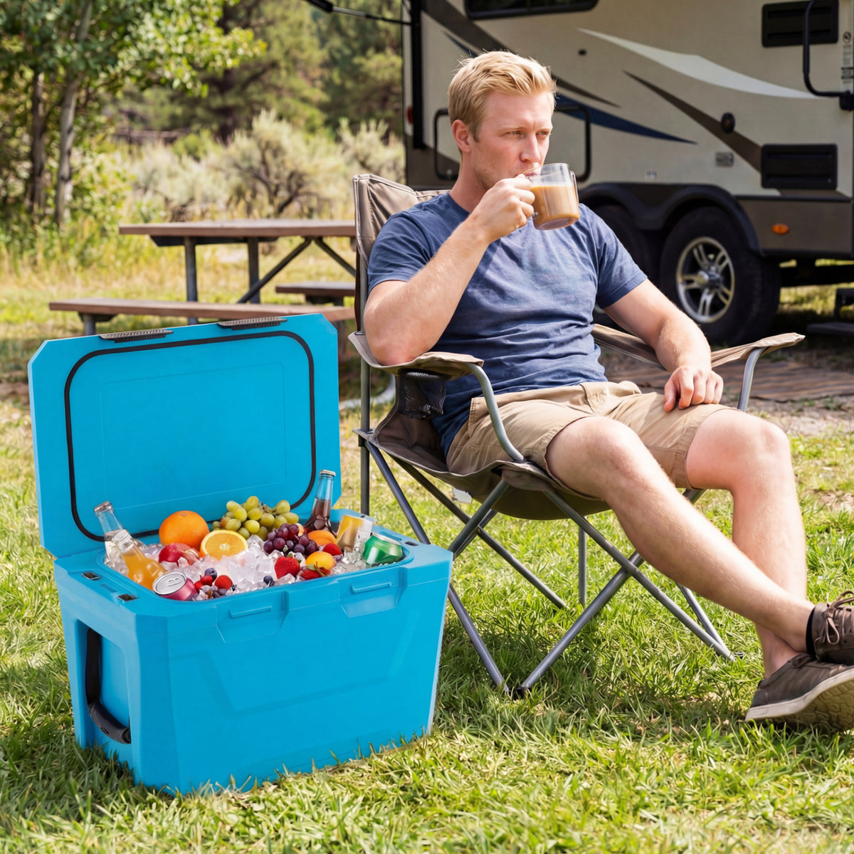 Insulated Portable Cooler Hard Shell Ice Chest with 2 Cup Holders Bottle Opener and Drain Plug-Blue