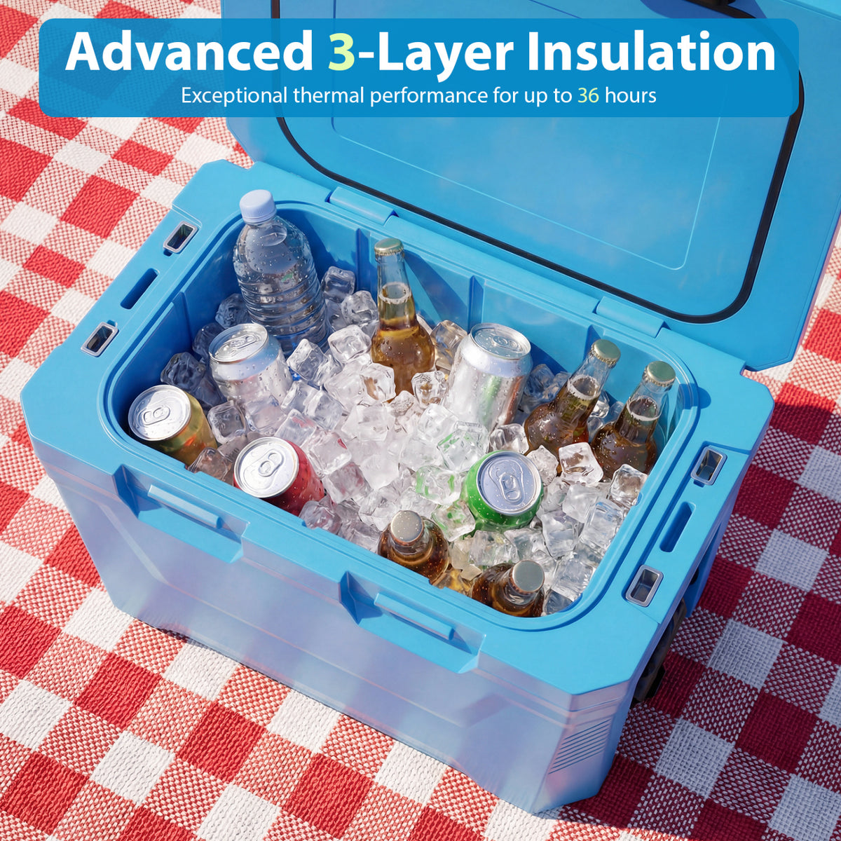 Insulated Portable Cooler Hard Shell Ice Chest with 2 Cup Holders Bottle Opener and Drain Plug-Blue